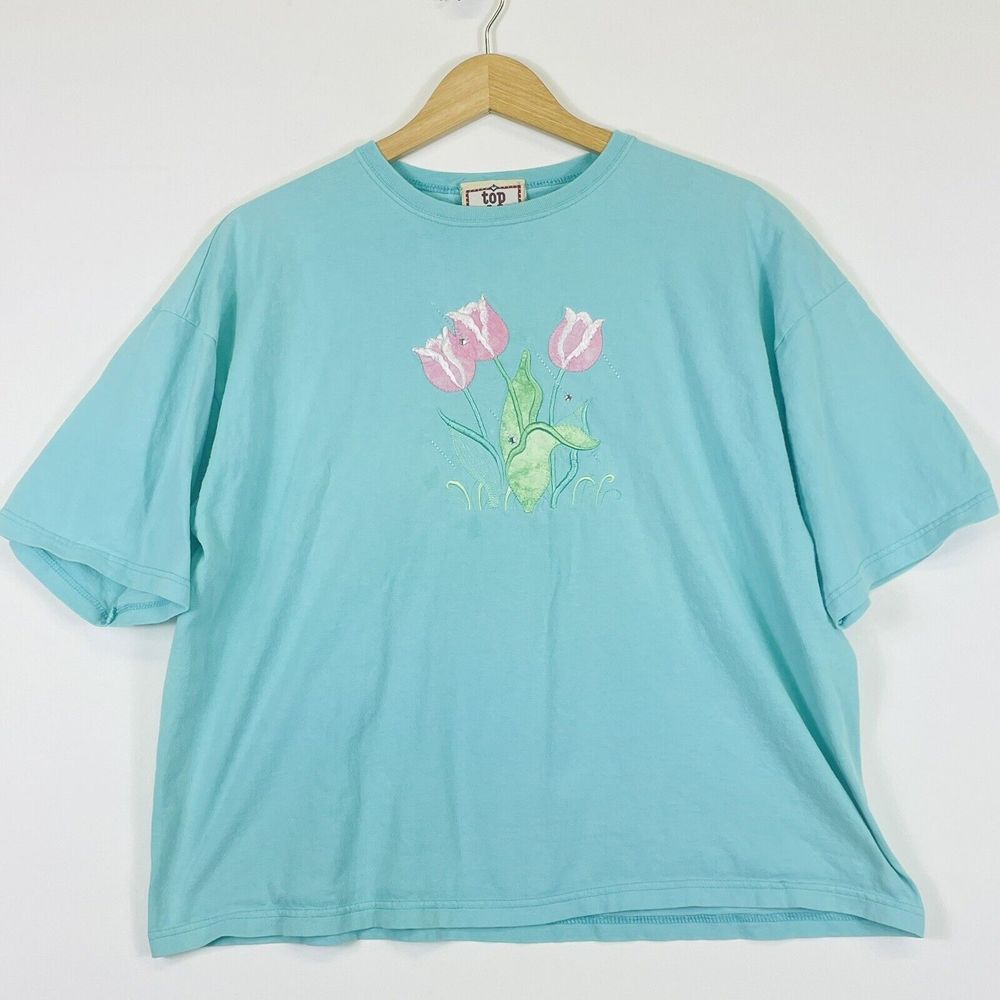 Vtg Top Stitch Top‎ Womens XL Aqua Floral Rhinestone Grandmacore Boxy Oversized